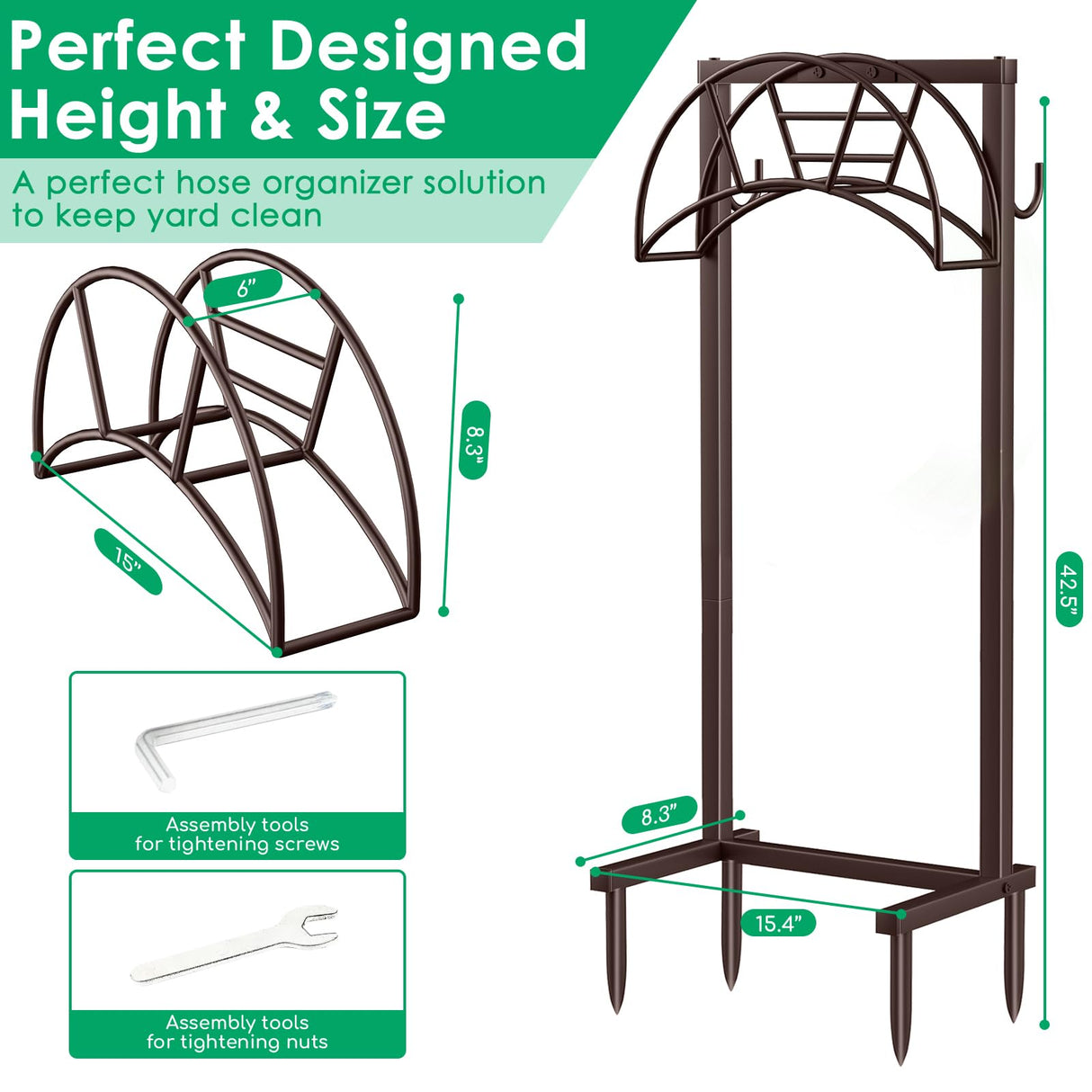 TomCare Garden Hose Holder Upgraded 4 Spikes Water Hose Holder with 2 Tool Hooks Sturdy Hose Reel Holds 150ft Hose Freestanding Hose Stand Hose Hanger Hose Storage for Outside Yard Lawn, Bronze TomCare