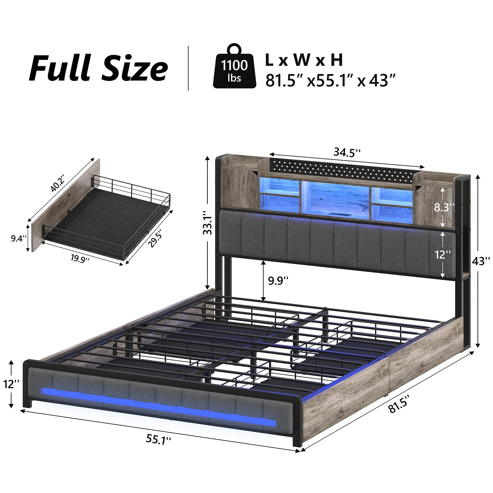 Full Size Heavy Duty Metal Bed Frame with Bookcase Headboard, LED Lights, Charging Station & Storage Drawers in Charcoal Gray - WoodArtSupply