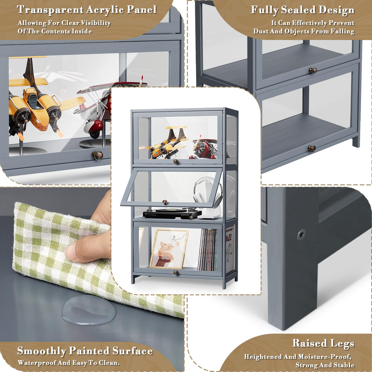 Athena Collection Curio Display Cabinet with Acrylic Doors, 3-Tier Clear Display Case 42” Hight Display Shelf for Trophy Figures Curio Collectibles for Living Room Bedroom, Grey Athena Collection