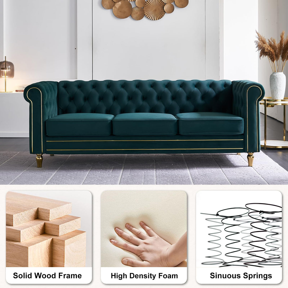 Homtique 84" Modern Green Velvet Chesterfield Sofa, 3-Seater, Button Tufted, Rolled Arms, Gold Legs Homtique