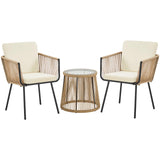 Yaheetech 3 Piece Patio Rattan Bistro Set, Outdoor All Weather PE Wicker Conversation Furniture Set with 2 Chairs & Tempered Glass Top Table & Cushions, for Poolside/Porch/Garden/Yard, Tan/Cream Yaheetech