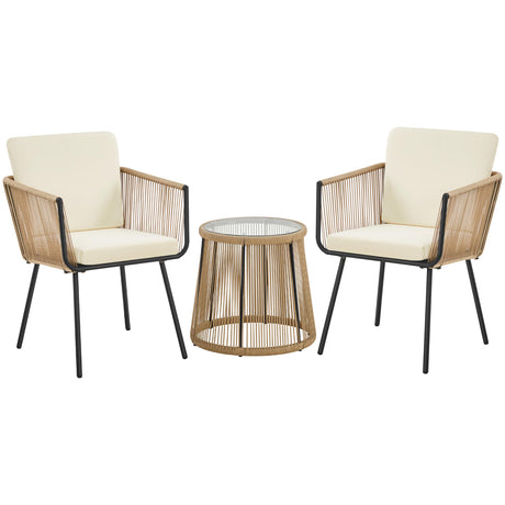 Yaheetech 3 Piece Patio Rattan Bistro Set, Outdoor All Weather PE Wicker Conversation Furniture Set with 2 Chairs & Tempered Glass Top Table & Cushions, for Poolside/Porch/Garden/Yard, Tan/Cream Yaheetech