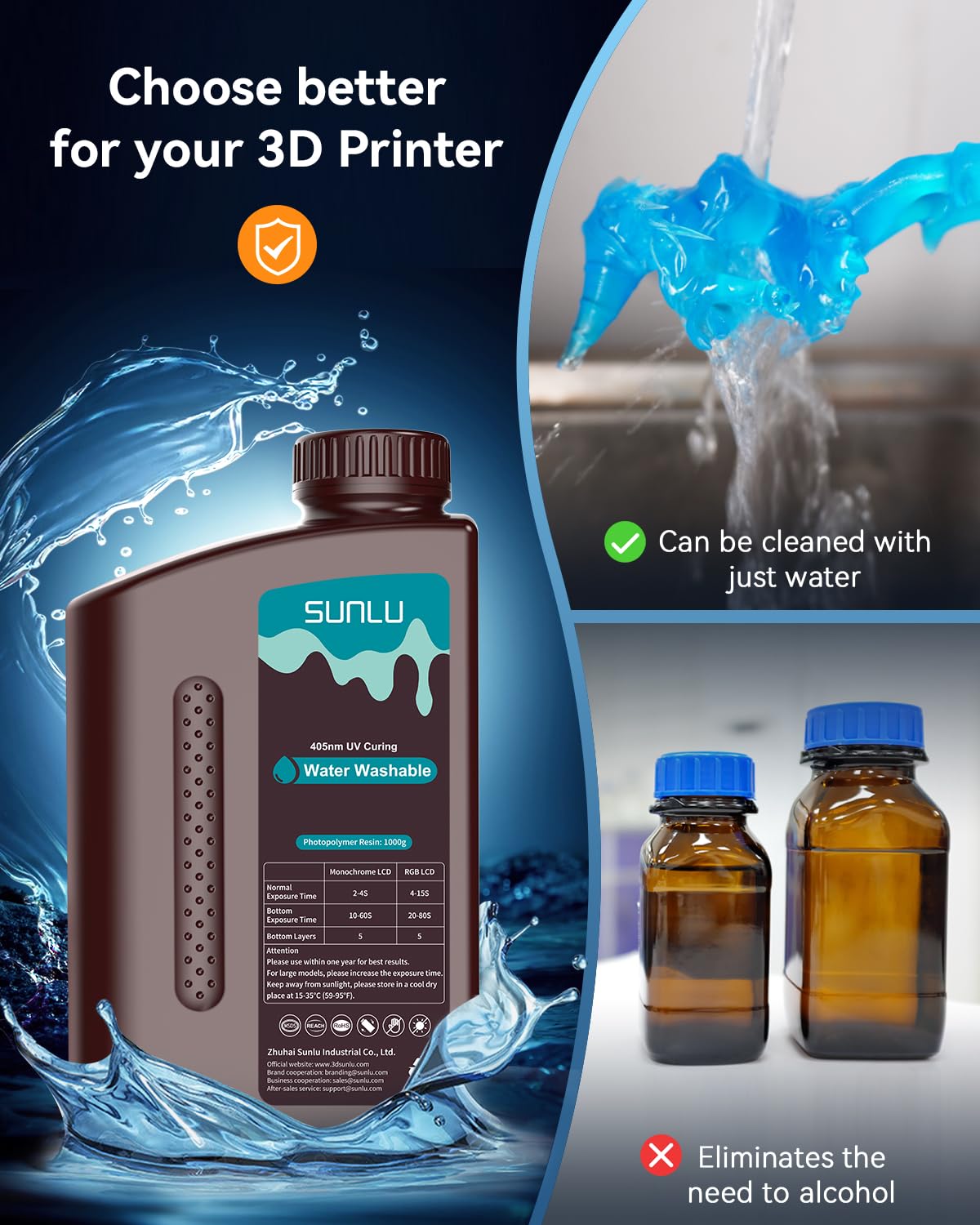 SUNLU Water Washable 3D Printer Resin 3kg, Large Bottle Water Washable Resin for Most Resin 3D Printers, 395 to 405nm UV Curing 3D Printing Liquid Photopolymer Resin, 3000g, Grey SUNLU