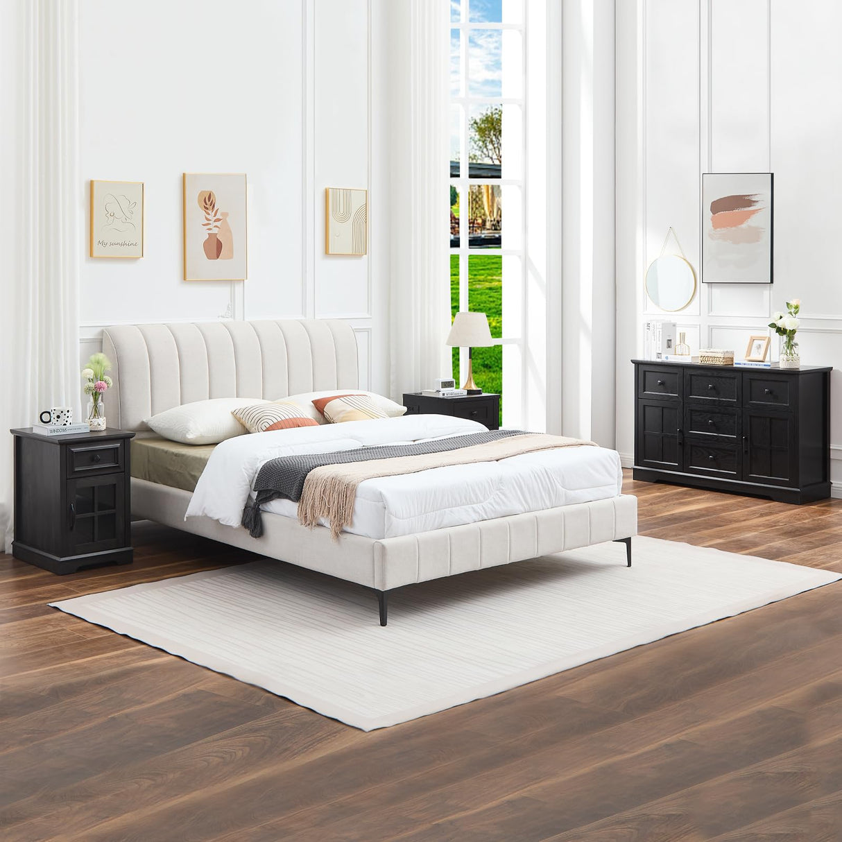 KHLJJU Farmhouse 5+2 Black Dresser for Bedroom, Chest of Drawers for Bedroom with 5 wooden Drawers and 2 Cross Doors, Wood Dressers Storage TV Stand for Bedroom, Living Room KHLJJU