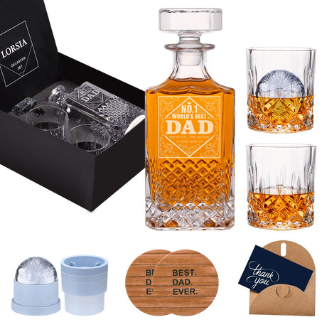 Gifts for Dad Men, Whiskey Decanter Set with Gift Box, Unique Christmas Gift from Daughter or Son, Perfect Birthday and Retirement Present for Men - Includes 2 Ice Molds, 2 Coasters, and a Gift Card LORSIA