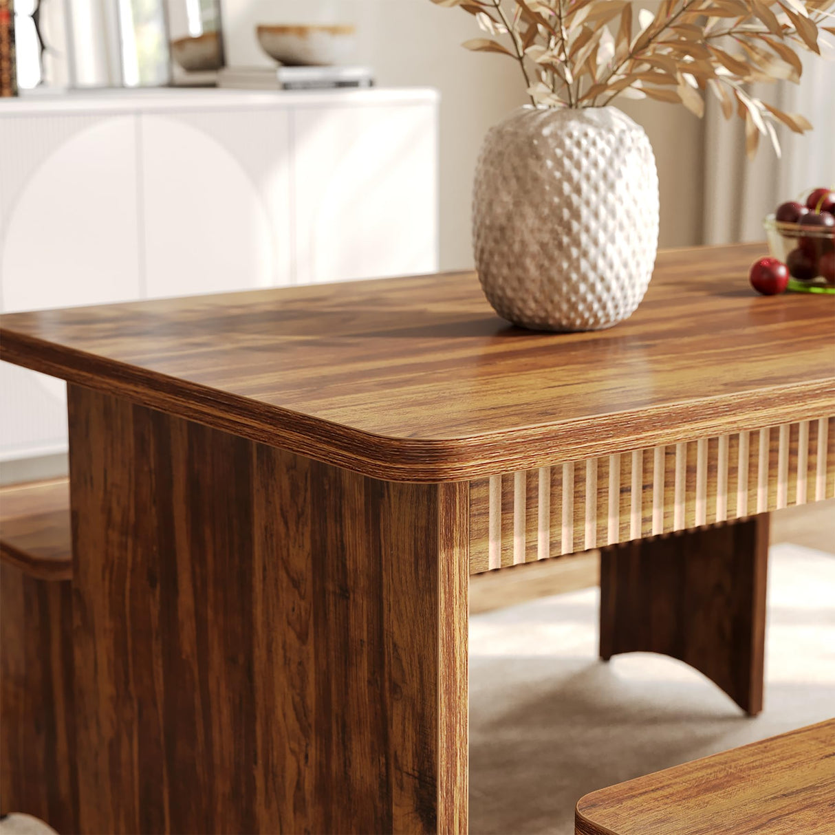 LITTLE TREE 55" Dining Table with 2 Benches, Dining Table Set for 4-6 People, Farmhouse Kitchen Table with Bench, Dining Room Table Set LITTLE TREE