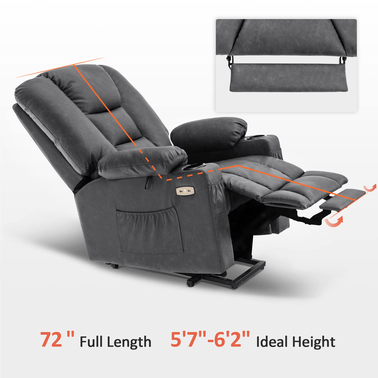 MCombo Large Power Lift Recliner Chair Sofa with Massage and Heat for Big and Tall Elderly People, 3 Positions, Cup Holders, and USB Ports, Faux Leather 7539 (Large, Dark Grey) MCombo