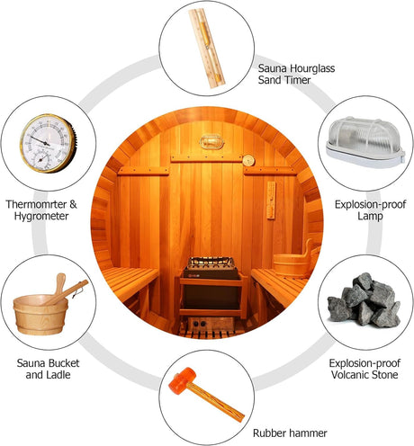 ZONEMEL Indoor and Outdoor Barrel Sauna Room with Porch, Asphalt Shingle Roof, Canadian Hemlock Wood Steam Sauna with 6KW Harvia Heater, Tempered Glass, Mostly for 6 People Sauna Bath ZONEMEL