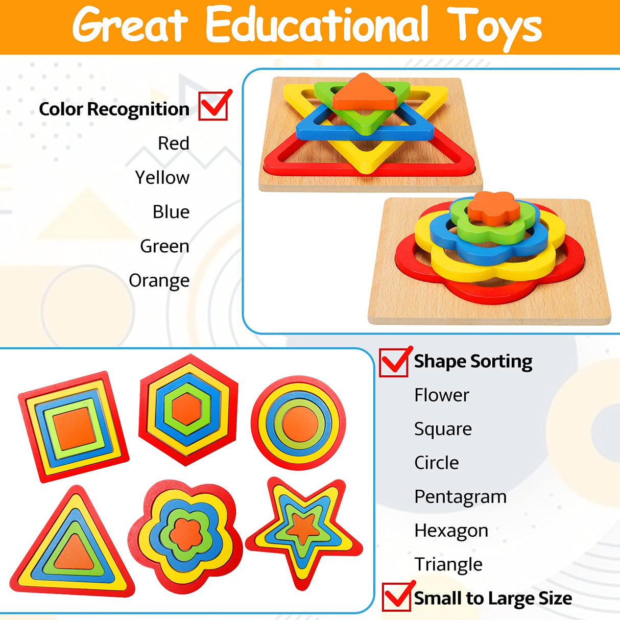 Toddler Puzzles Montessori Toy Wooden Shape Sorting Puzzle Sensory Toy Toddler Activities Preschool Learning Educational Autistic Developmental Toy 1 2 3 Year Old 1-3 0-2 Dementia Game AugToy