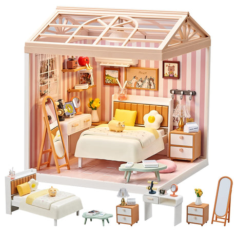 Qudify DIY Play Miniature Bedroom Kit – 82Pcs 1:20 Scale Cozy Dollhouse Room Toy with LED Light & Blister Packaging, Connectable Tiny House Model for Kids 8+ & Teens Qudify