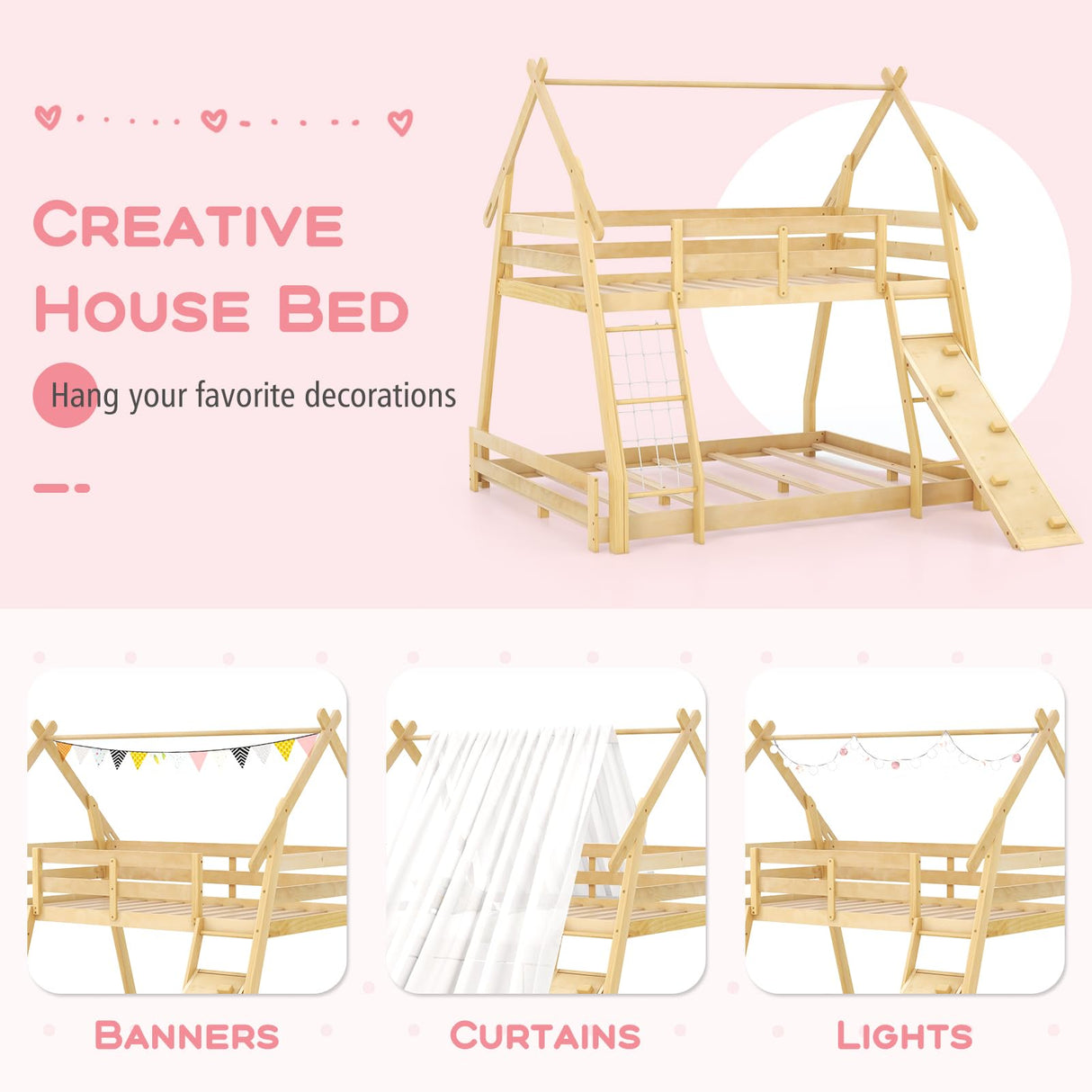 Costzon Twin Over Queen Bunk Bed, House Shaped Bed Frame with Climbing Nets and Ramp, Safety Guardrail, No Box Spring Needed, Wooden Kids Bed for Boys Girls (Natural, Twin Over Queen) Costzon