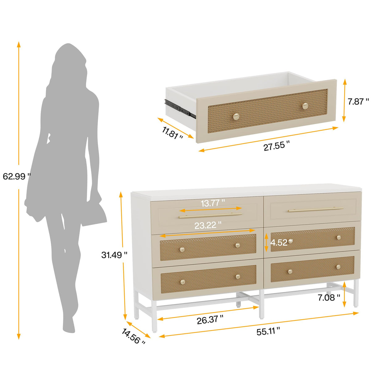 Tribesigns 6 Drawer Dresser, Modern Rattan Dresser for Bedroom, 55" Long Double Dresser Wood Storage Organizer Chest of Drawers for Closet Living Room, White and Brown Tribesigns