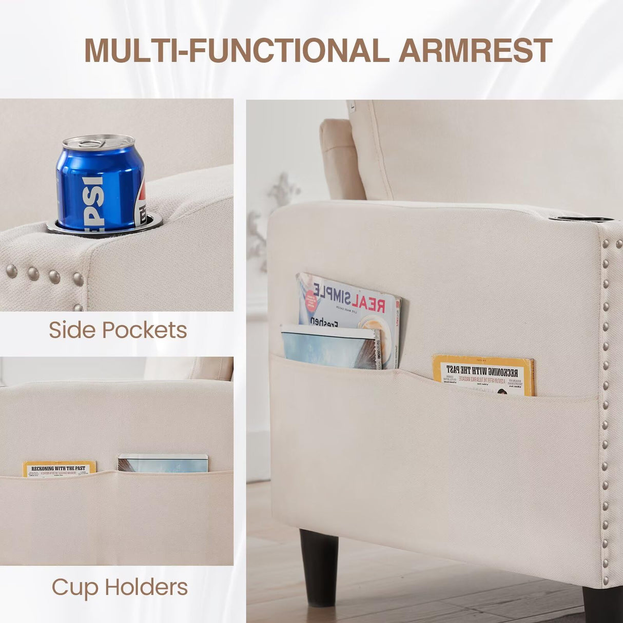 POYISOU Sectional Couches for Living Room, L Shaped Couch with Storage Ottoman, Small Sofa Comfy Couch with 2 Cup Holders, Modern 3 Seater Convertible Sofas for Apartment, Office, Beige POYISOU