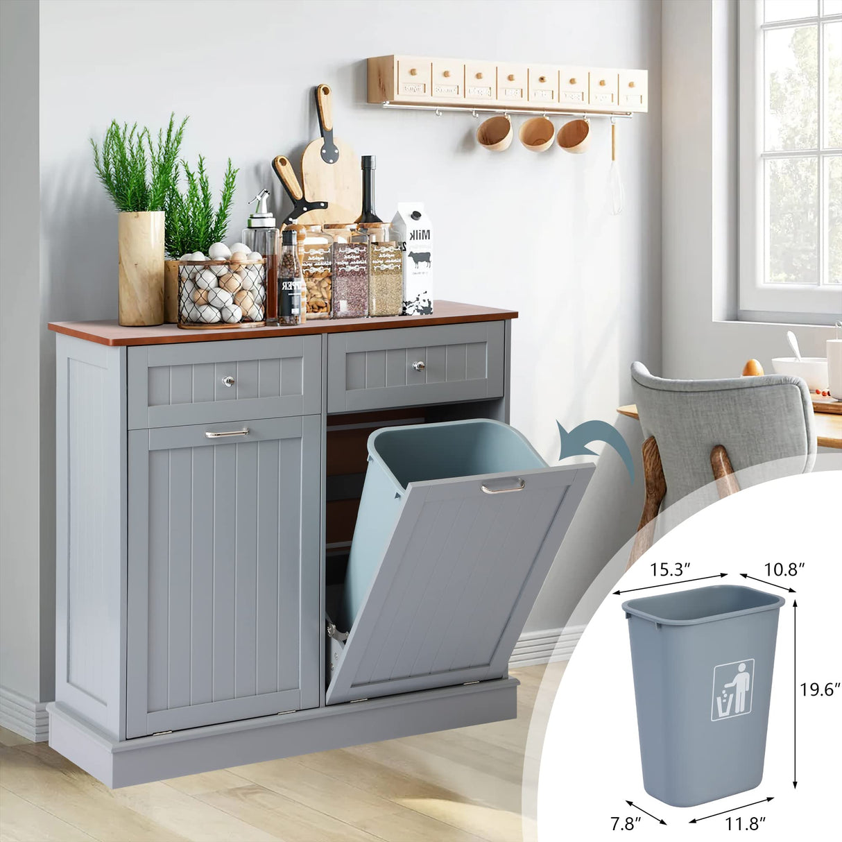 KIGOTY Dual Kitchen Trash Cabinet, Double Tilt Out Trash Can Cabinet with Countertop and Drawer, Free-Standing Pet Proof Recycling Cabinet Garbage Can Holder (Gray, 36" H) KIGOTY