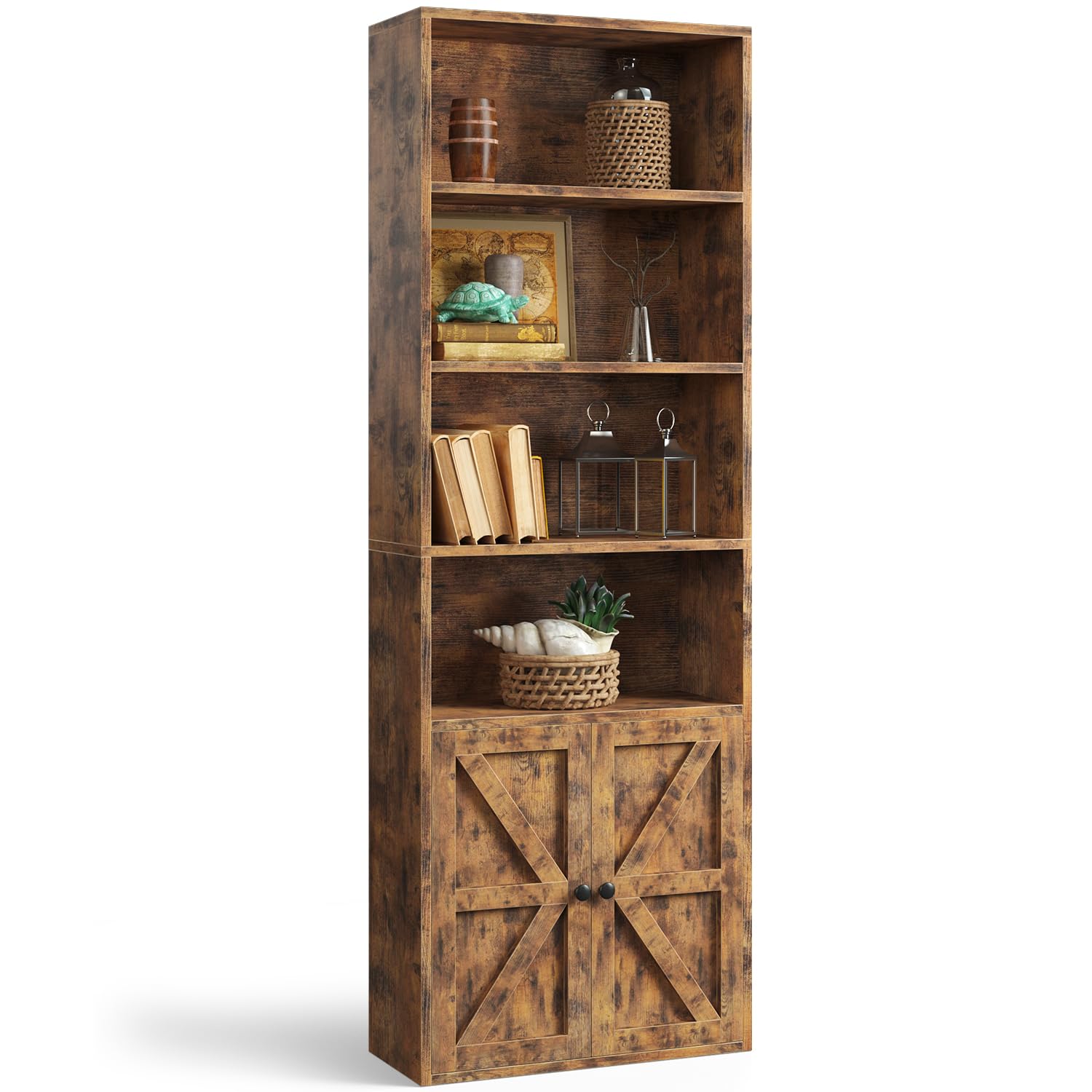 Stunning 6-Tier Brown Wooden Bookcase with Elegant Cabinet Doors by oneinmil - WoodArtSupply