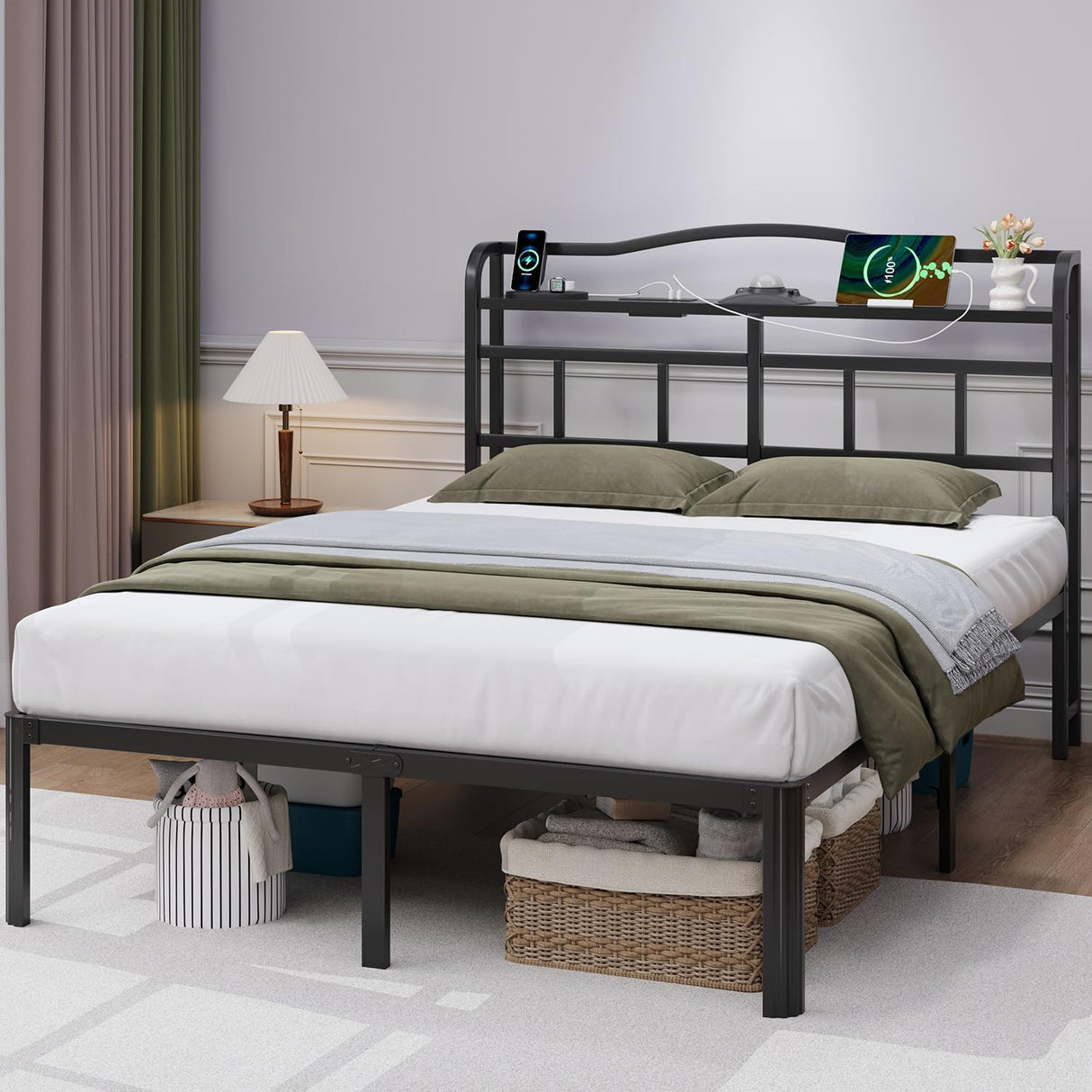 HAVONIZD Full Bed Frame - Storage Headboard with Charging Station & Galaxy Aurora Projector, 14 Inch Sturdy Metal Platform Bed Frame No Box Spring Needed, Easy Assembly, No Noise, Black HAVONIZD