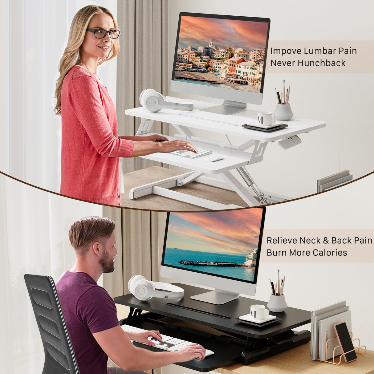 JOY worker Standing Desk Converter, 32" Wide Height Adjustable Sit Stand Up Desk Riser with Keyboard Tray, Desktop Workstation Riser for Home Office Computer Laptop, Particle Board, White JOY worker