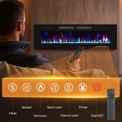 72” Electric Fireplace, Ultra-Thin Wall Mounted Electric Fireplace, Electric Fireplace Insert Heater, 750/1500W Recessed Fire Place with Adjustable Flame Color, Touch Screen and Remote Control