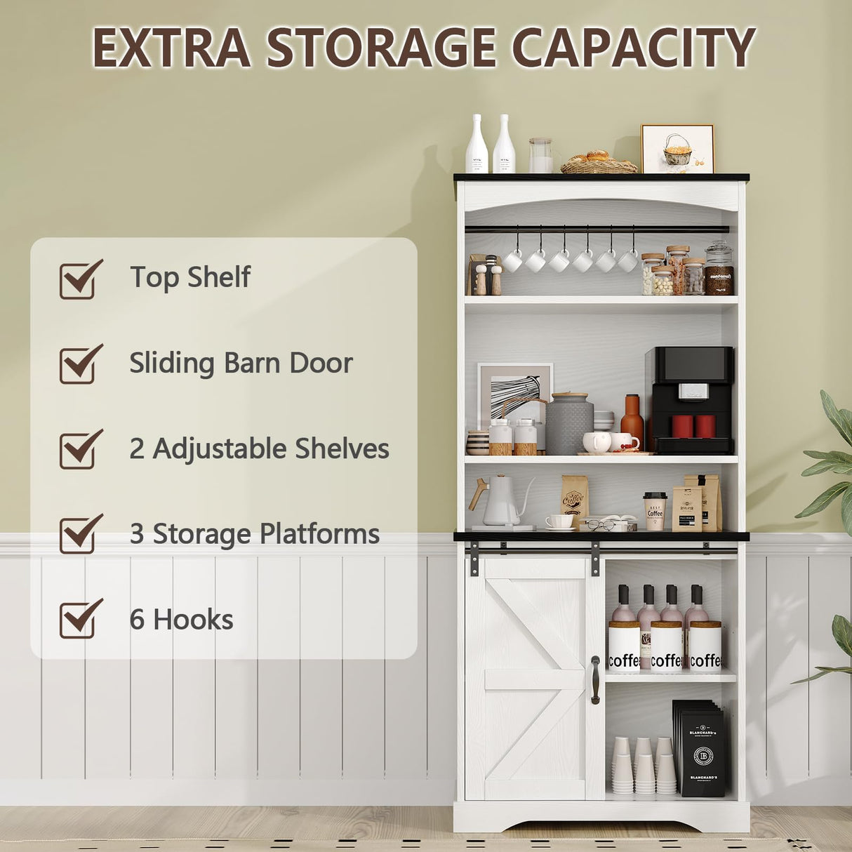 4ever2buy Farmhouse Tall Coffee Bar with Tall Hutch, White Coffee Bar Cabinet with 3 Tier Shelves, 70 Inch Buffet Cabinet with Sliding Barn Door and Adjustable Shelves for Living Dining Room 4ever2buy