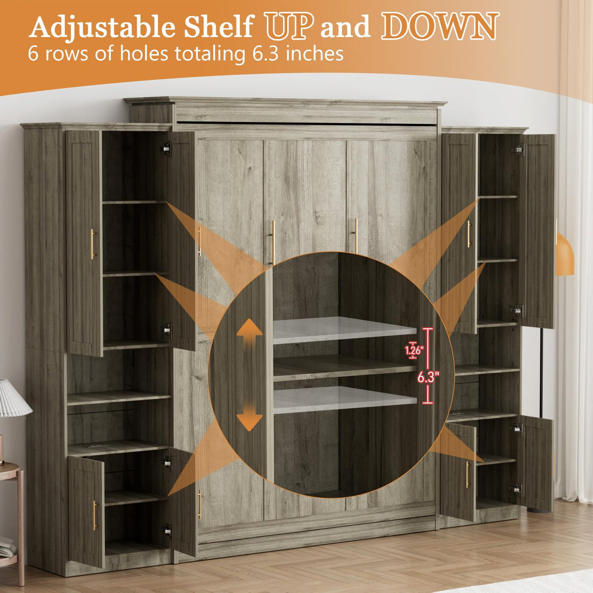 BEQAI Queen Murphy Bed with Storage Cabinets & 6 Adjustable Shelves, Foldable Space-Saving Queen Wood Wall Bedframe with USB Charging Port, Hidden Bedframe for Guest Room, Study, Home, Bedroom, Grey BEQAI