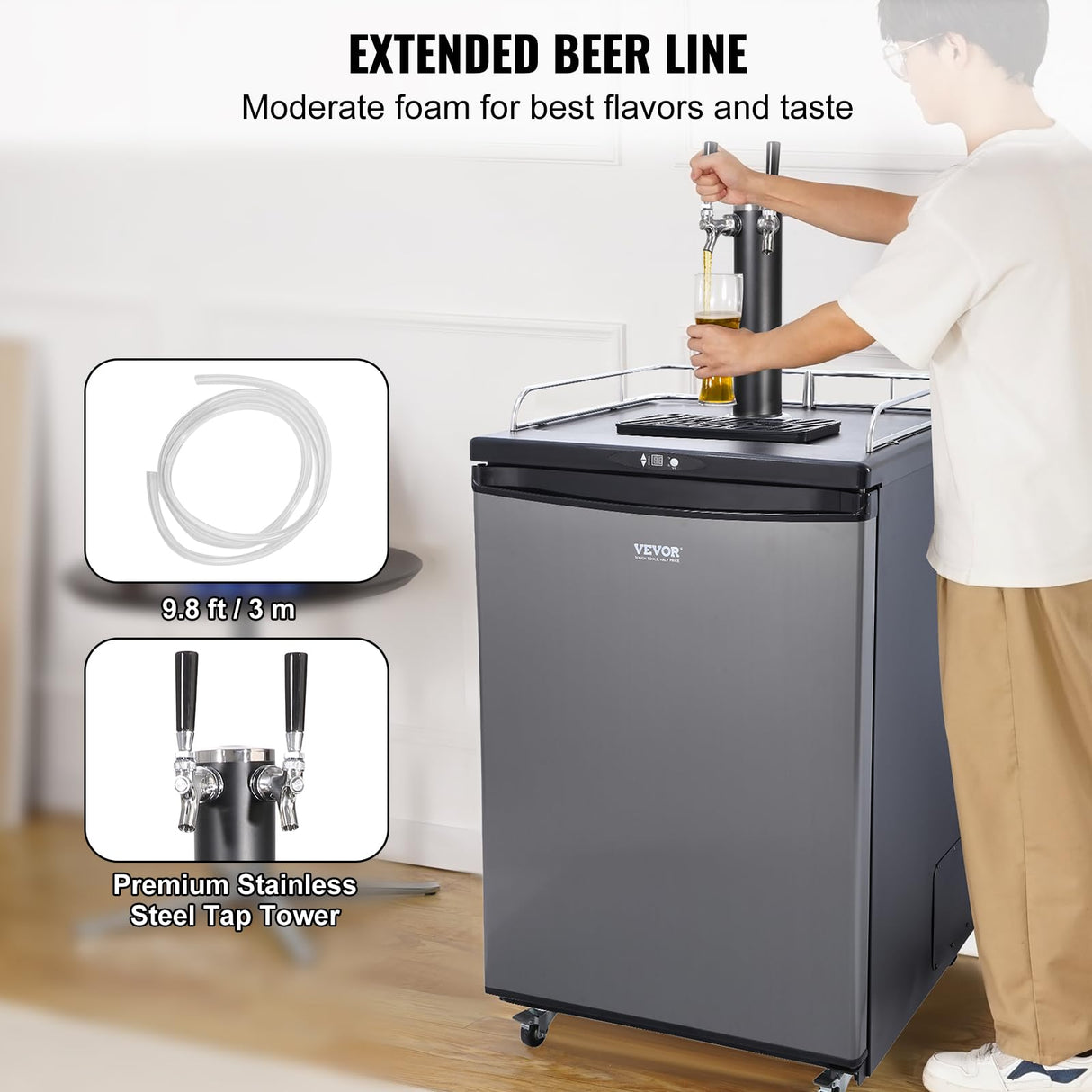 VEVOR Beer Kegerator, Single Tap Draft Beer Dispenser, Full Size Keg Refrigerator With Shelves, CO2 Cylinder, Drip Tray & Rail, 32°F- 50°F Temperature Control, Holds 1/6, 1/4, 1/2 Barrels, Black VEVOR