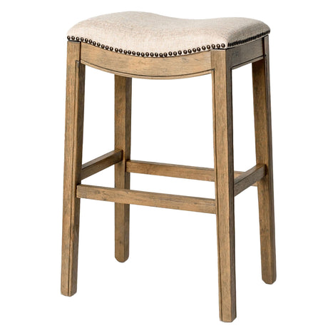 Maven Lane Adrien Backless Bar Stool – 31 Inch Saddle Seat with Footrest – Natural Solid Wood Frame & Natural Fabric Upholstery – Ideal for Bars, Pub Tables & Tall Kitchen Counters Maven Lane