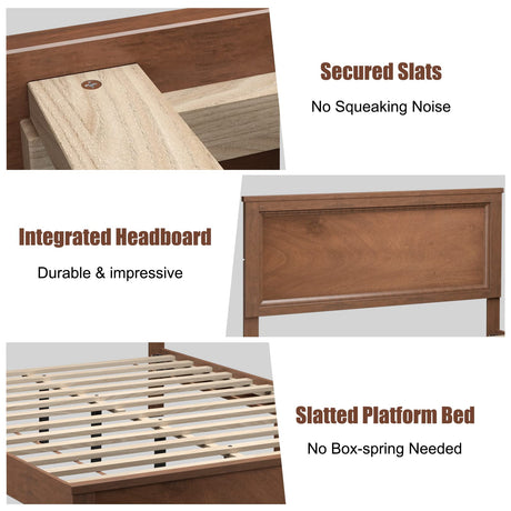 KOMFOTT Mid Century Queen Bed Frame with Headboard – Solid Wood Slats & Easy Assembly KOMFOTT
