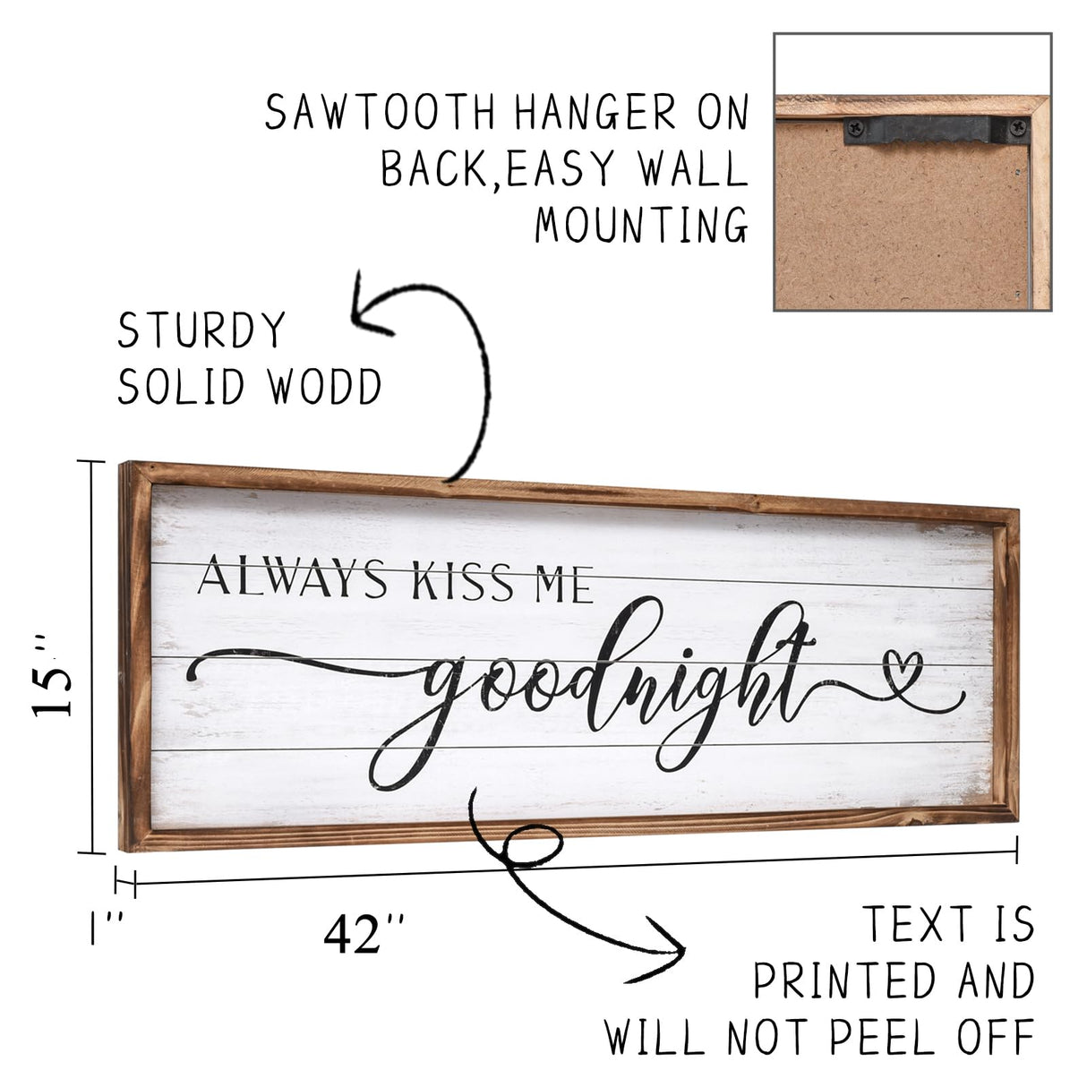 UPPER DECOR Large Above Bed Wall Decor Bedroom Sign Bedroom Decor with Solid Wood Frame for Couples, Always Kiss Me Goodnight Sign for Bedroom, Love Theme Wall Decor 42''×15'' UPPER DECOR