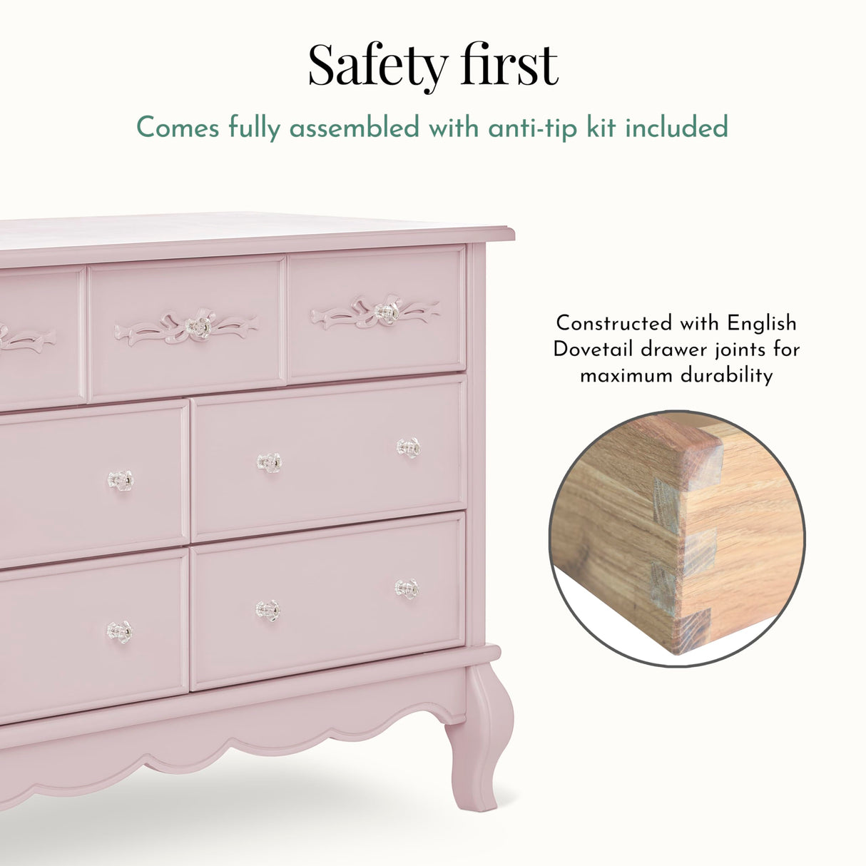 Evolur Aurora 7 Drawer Double Dresser, Dusty Rose Evolur
