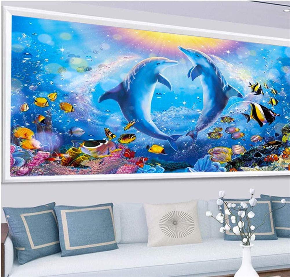 DIY 5D Diamond Painting Kits for Adults Dolphin Embroidery Full Round Drill Large Size(31.5x11.8 inch) Diamond Crystal Gem Arts Painting Craft for Home Wall Decor XWJJ