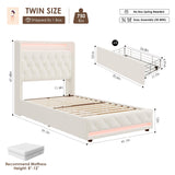 HIFIT Upholstered Twin LED Bed Frame with Charging Station Headboard & 4 Storage Drawer, Velvet Crystal Button-Tufted Princess Twin Size Platform Bed Frames for Girls, No Box Spring Needed, Beige HIFIT