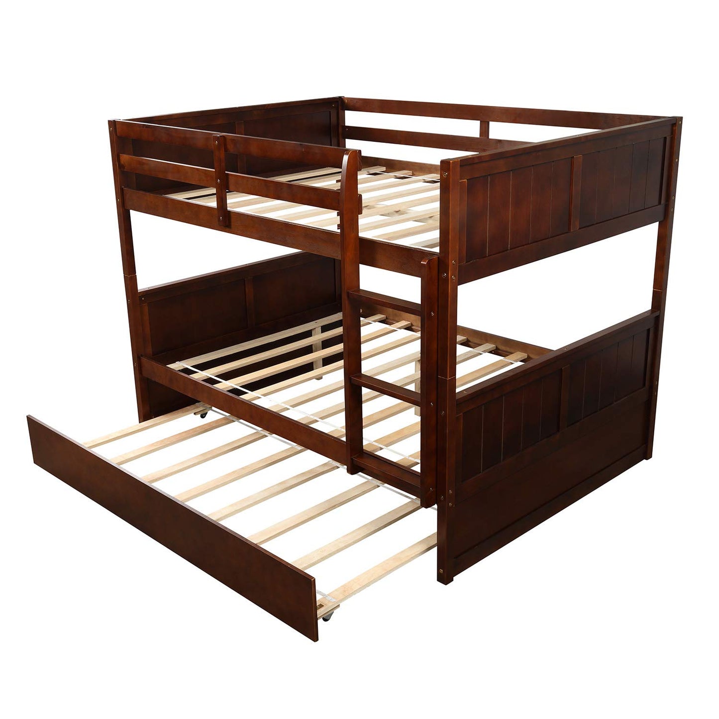 MERITLINE Walnut Full Over Full Bunk Bed with Twin Trundle for Kids and Teens - WoodArtSupply