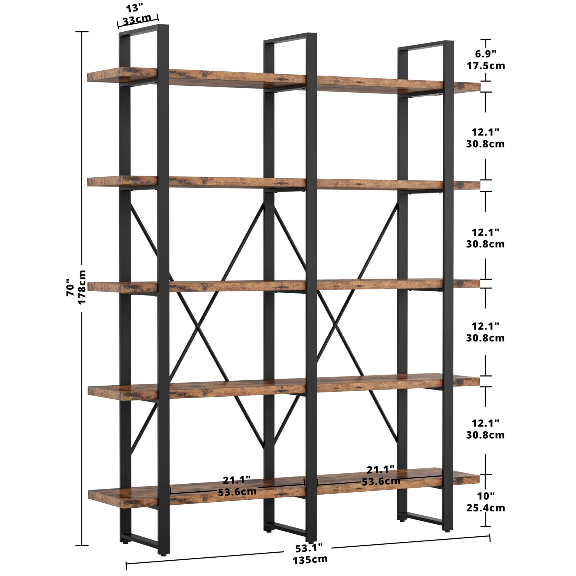 Ironck Double Wide Industrial 5-Tier Bookshelf with Open Shelves in Vintage Brown - WoodArtSupply