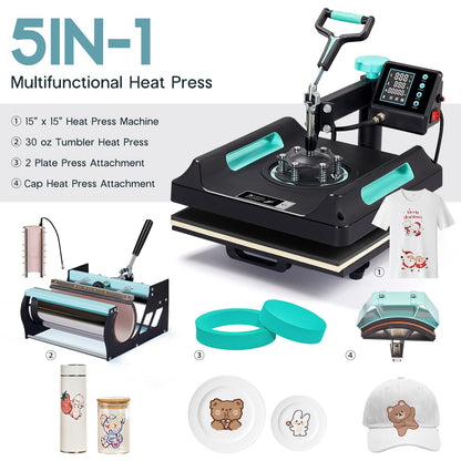 Specraft 5-in-1 Combo Heat Press, 15x15 360° Swing Away Heat Press Machine for T Shirts Mugs Hat Plate Cap, Digital Sublimation Machine, Green Black