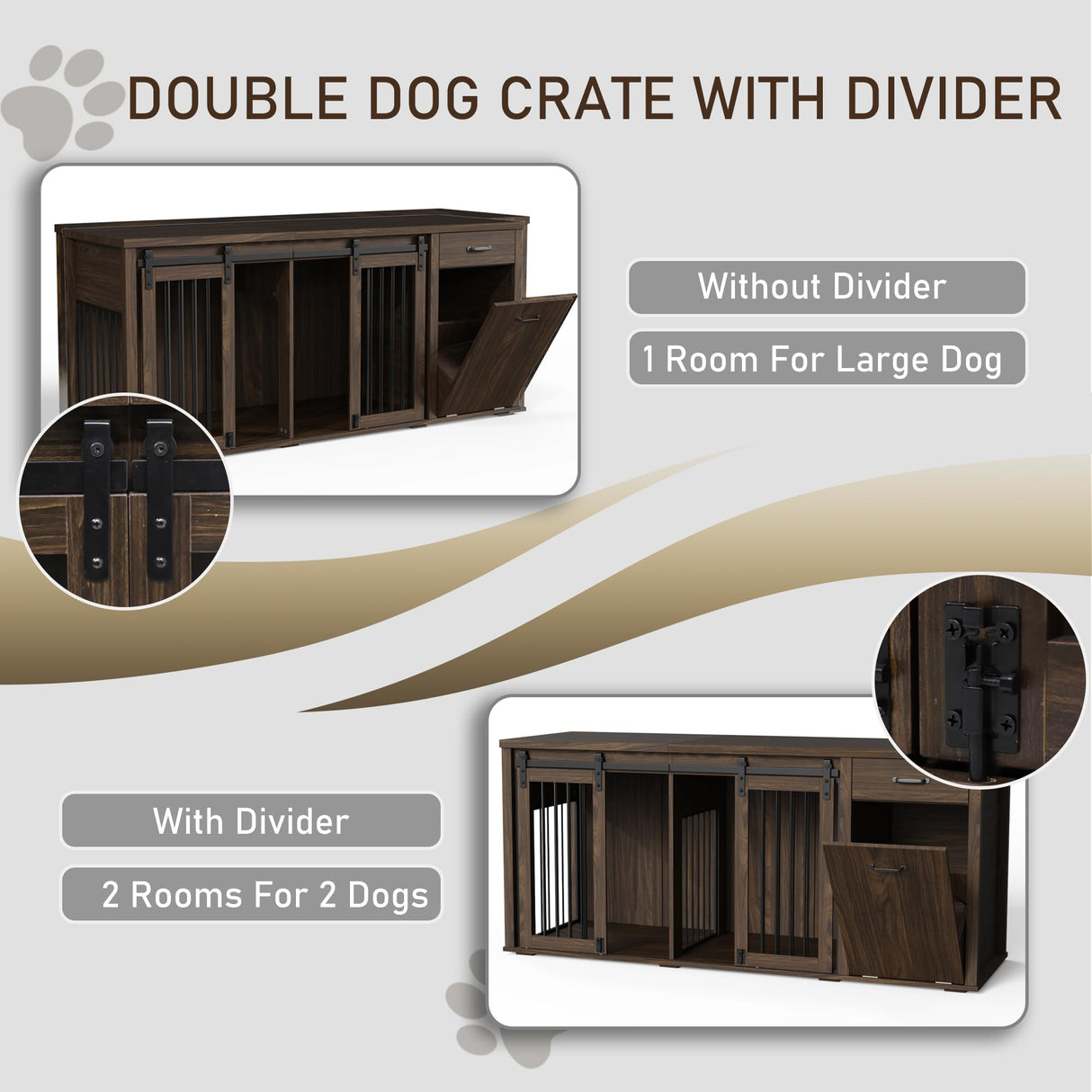 YOCONYO Large Dog Crate Furniture Large Breed,71 Inch Wooden Dog Crate with Tilt Out Trash Cabinet,Drawers,Divider and Sliding Barn Door, Double Doors Dogs Crate for 2 Dogs (Brown) YOCONYO