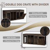 YOCONYO Large Dog Crate Furniture Large Breed,71 Inch Wooden Dog Crate with Tilt Out Trash Cabinet,Drawers,Divider and Sliding Barn Door, Double Doors Dogs Crate for 2 Dogs (Brown) YOCONYO