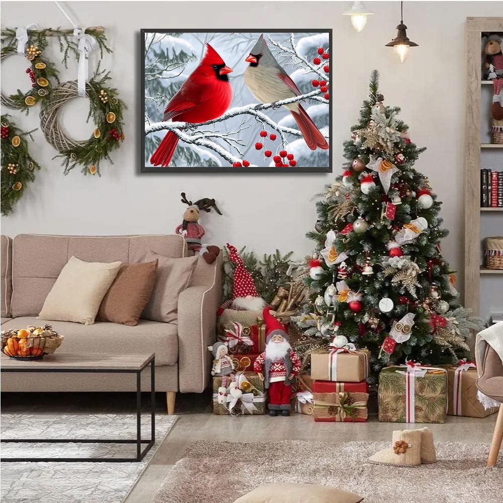 Cardinals Diamond Art Kits for Adults, 5D Christmas Diamond Painting Kits for Beginner, Full Round Drills Red Birds Painting by Diamond Snow Scene Bead Gem Art for Home Decor 16 x 12 in DIYDECORFUN