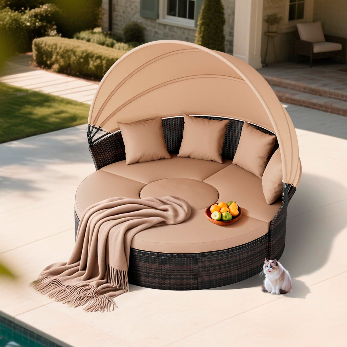 SUNCROWN Outdoor Patio Round Daybed with Retractable Canopy, Wicker Sofa Furniture Clamshell Sectional Seating with Cushions,Backyard, Porch, Brown SUNCROWN