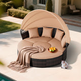 SUNCROWN Outdoor Patio Round Daybed with Retractable Canopy, Wicker Sofa Furniture Clamshell Sectional Seating with Cushions,Backyard, Porch, Brown SUNCROWN