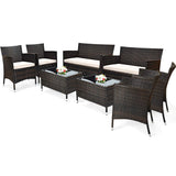 Tangkula 8 PCS Patio Rattan Conversation Set, Outdoor Wicker Furniture Set with Tempered Glass Coffee Table &Thick Cushion, Rattan Chair Wicker Set for Garden, Lawn, Poolside and Backyard (2, Brown) Tangkula