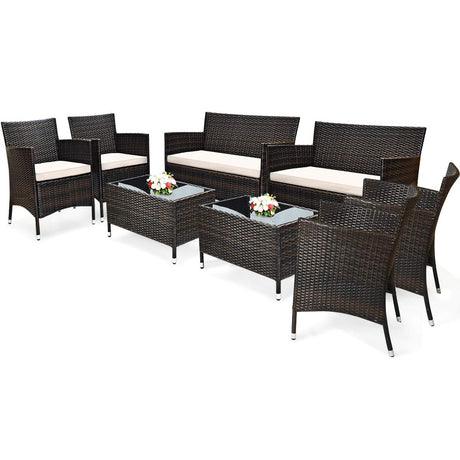 Tangkula 8 PCS Patio Rattan Conversation Set, Outdoor Wicker Furniture Set with Tempered Glass Coffee Table &Thick Cushion, Rattan Chair Wicker Set for Garden, Lawn, Poolside and Backyard (2, Brown) Tangkula