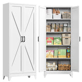 PEUKC 75" Farmhouse Metal Storage Cabinet with Doors and 4 Adjustable Shelves, Large Pantry Organizer for Kitchen, Dining Room, and Living Room,Assemble Require(White) PEUKC