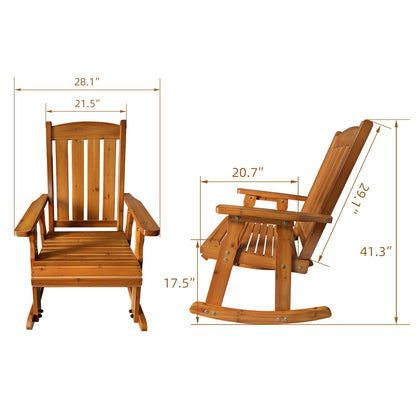 Wooden Rocking Chair with Comfortable Backrest Inclination, High Backrest and Deep Contoured Seat, Solid Fir Wood, Heavy Duty 600 LBS, for Backyard, Porch and Patio (Teak Tone with Table)