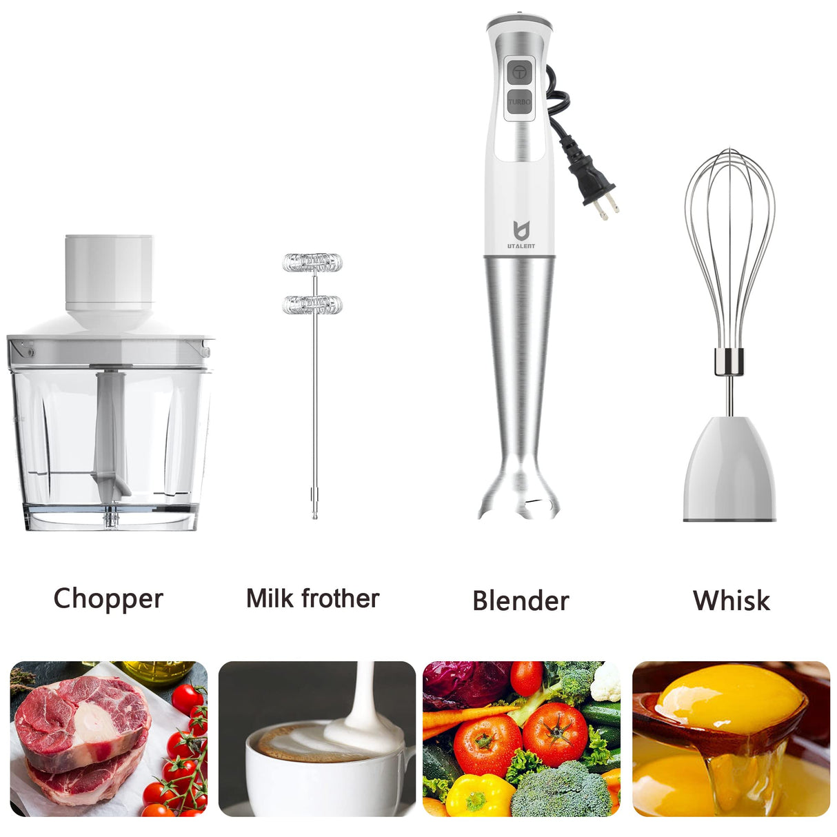 Immersion Hand Blender, UTALENT 5-in-1 8-Speed Immersion Blender with 500ml Food Grinder, 600ml Container,Milk Frother,Egg Whisk,Puree Infant Food, Smoothies, Sauces and Soups - White UTALENT