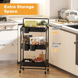 3 Tier Foldable Rolling Cart with Wheels, Folding Utility Cart Organizer, Collapsible Rolling Storage Cart with 3 Hanging Cups & 6 Hooks for Kitchen, Office, Nursery(Black) Amatic