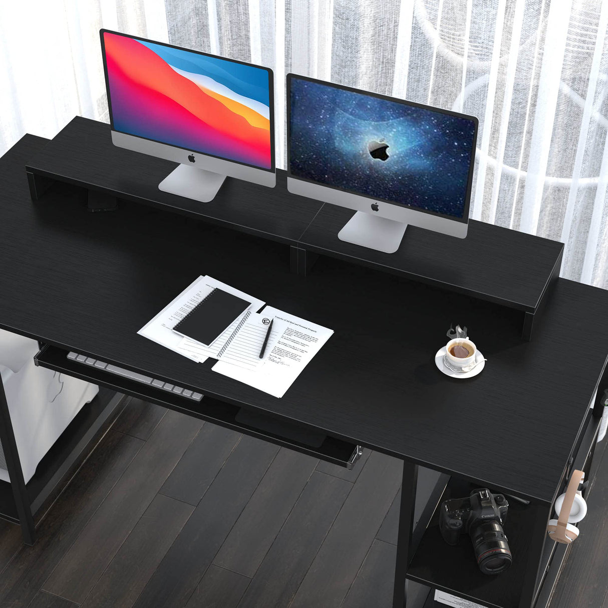 HYPIGO Workstation Desk with Keyboard Tray, 55 Inch Computer Desk with Storage Shelves Monitor Stands and 4 Iron Hooks, Industrial Desk for Home Office HYPIGO