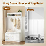 Soohow Hall Tree with Bench and Shoe Storage, Mud Room Bench with Storage and Seating, Hall Tree with Shoe Storage with 7 Hooks, 6-in-1 Farmhouse Hall Tree with Bench for Entryway, 70.9", White Soohow