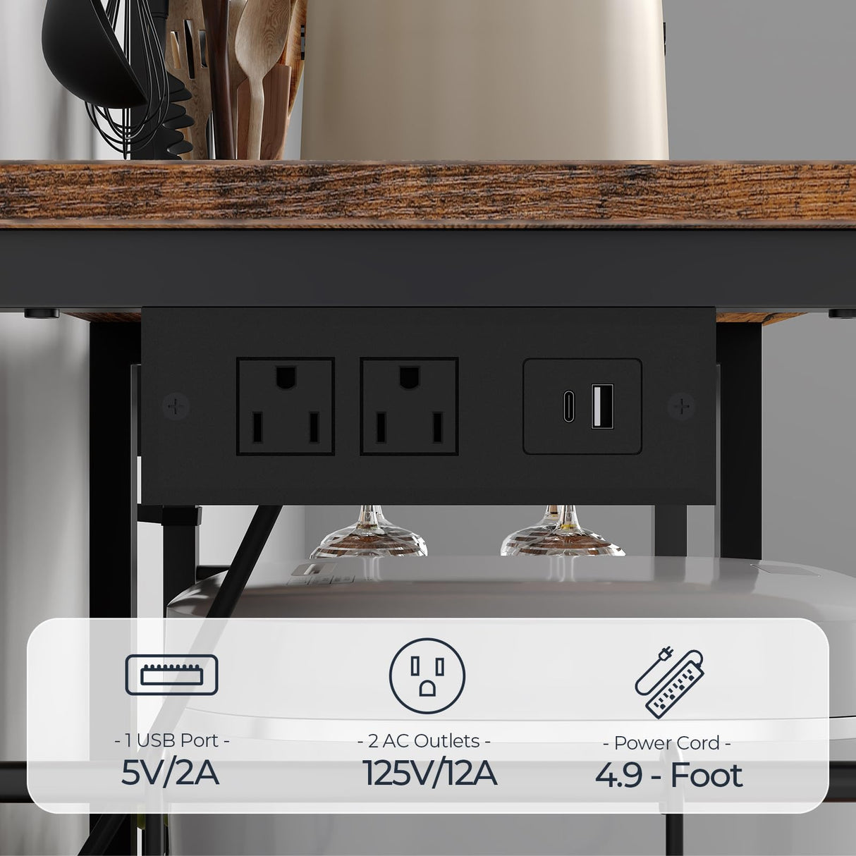 HOOBRO Bakers Rack with Power Outlet, 5 Tiers Coffee Bar with LED Light, Microwave Stand with Wire Basket & Wine Holders, Kitchen Storage Shelf with 6 S-Shaped Hooks, Rustic Brown and Black BF21UDHB01 HOOBRO