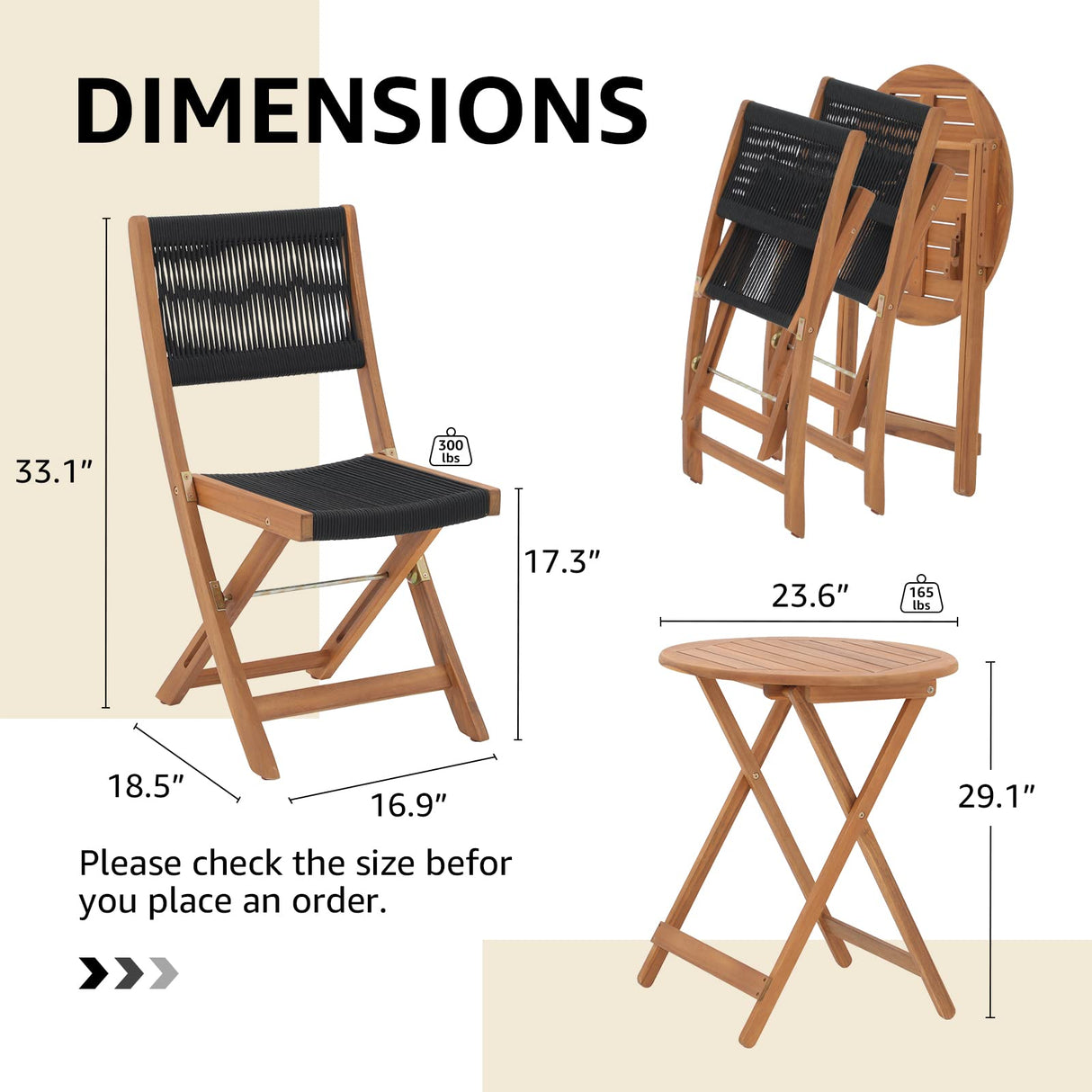 OC Orange-Casual 3 Piece Acacia Patio Bistro Set, Outdoor Compact Wood Table and Chairs Set of 2 for Apartment Balcony Front Porch Deck Yard, Black OC Orange-Casual