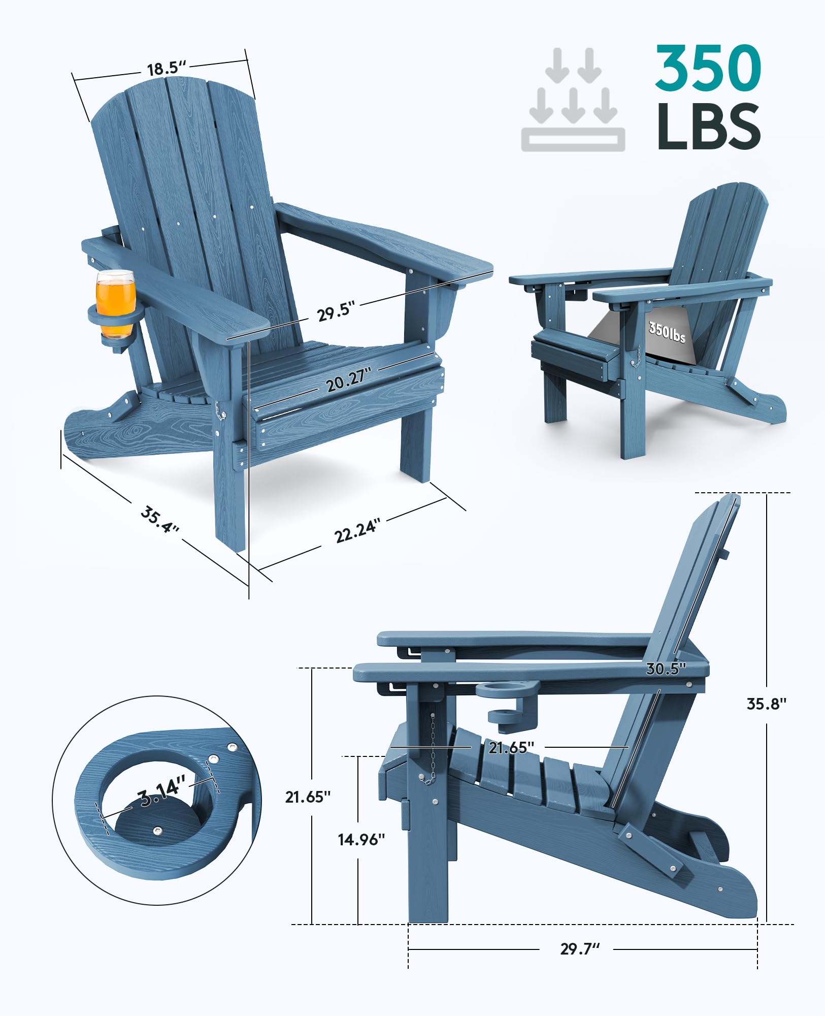 SERWALL 5-Piece Adirondack Chair and Ottoman and Table Set, HDPE Weather Resistant Adjustable Backrest Adirondack Chair with Ottoman and Side Table, Navy - WoodArtSupply